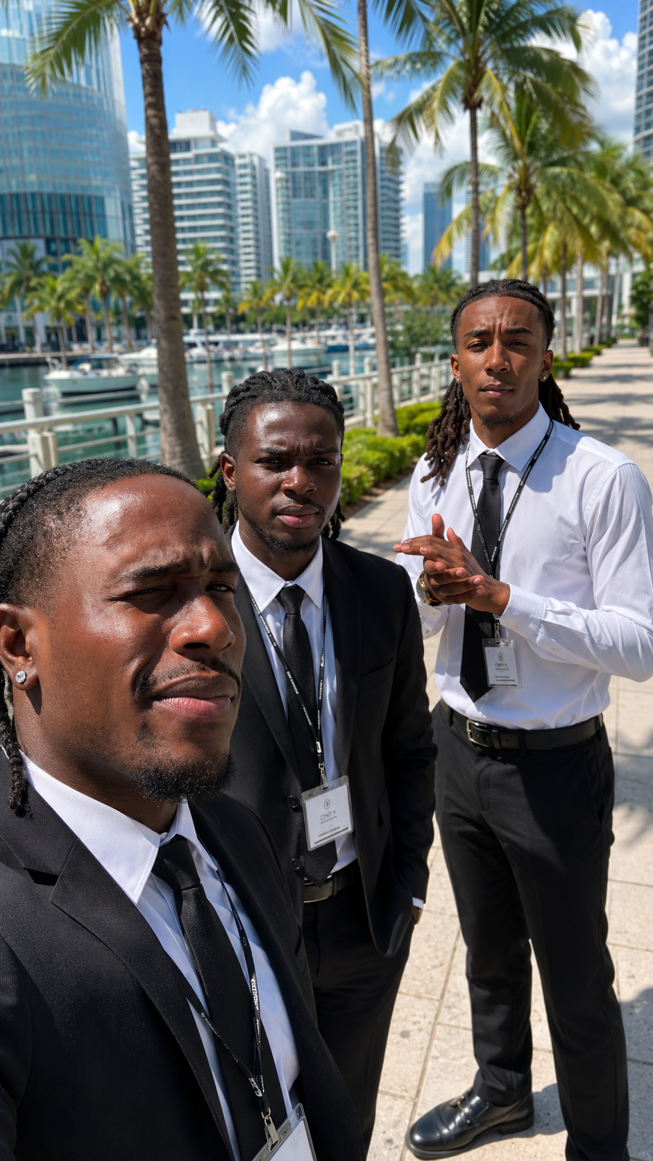 Three Onyx Partners team members on the Miami waterfront