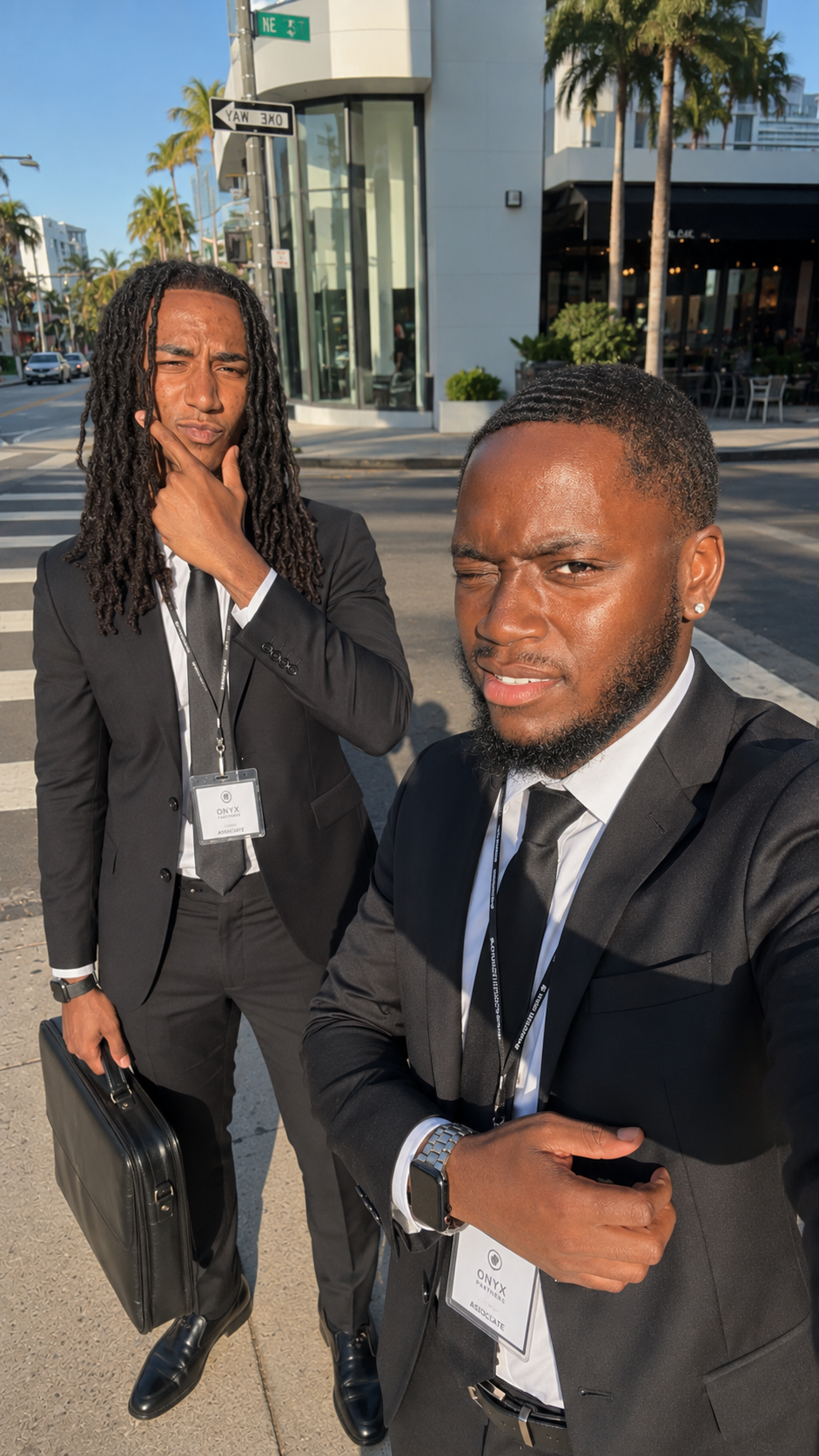 Two associates crossing a Miami intersection between client visits