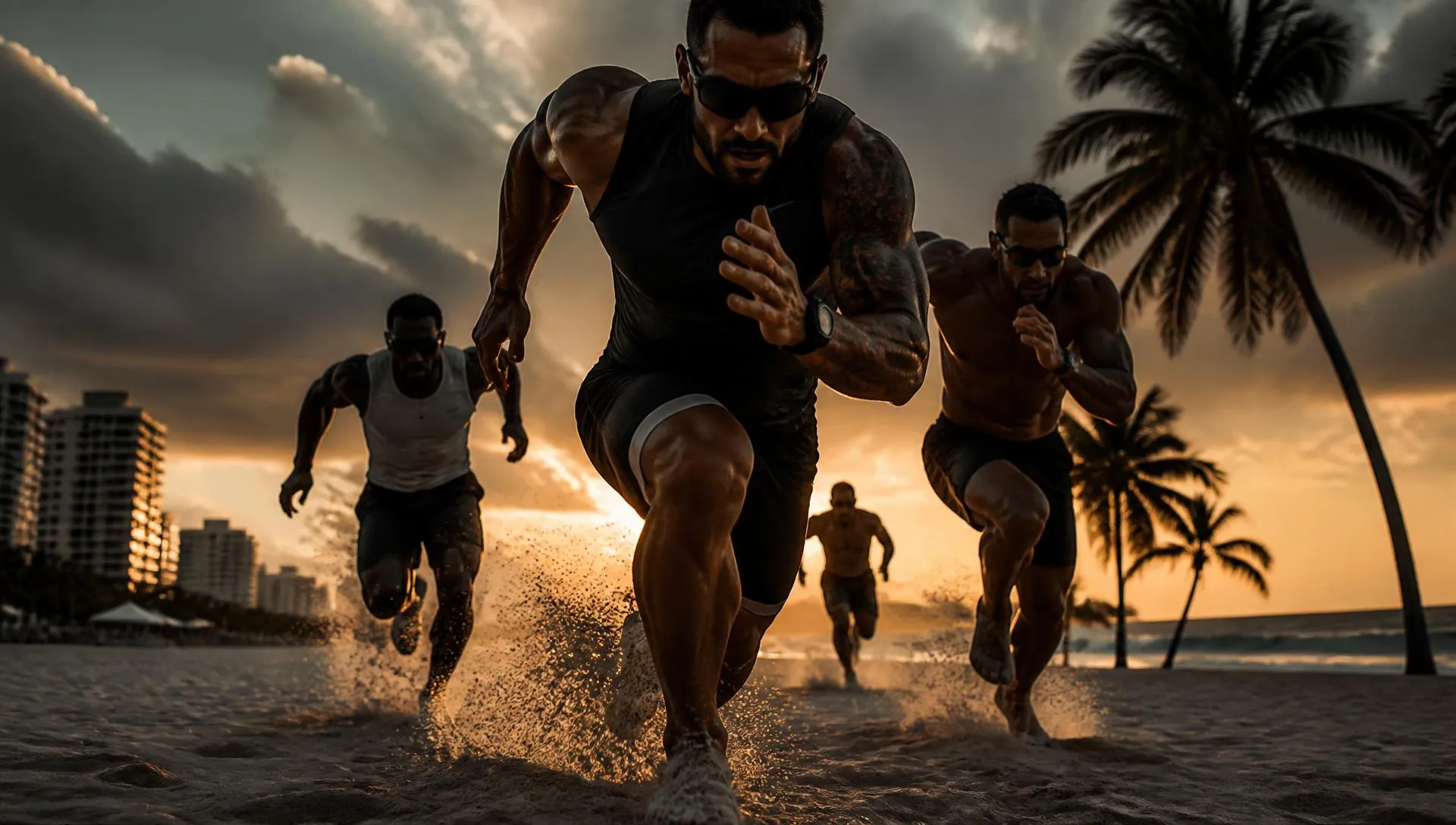Runners sprinting together on the beach in Miami