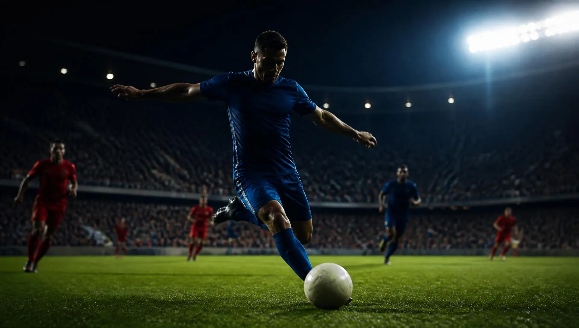 Soccer player striking the ball under stadium floodlights