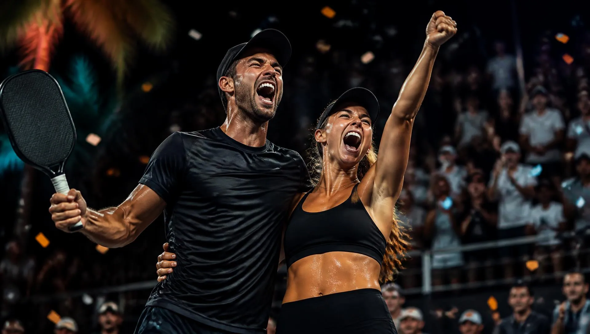Athletes celebrating a tournament win under the lights
