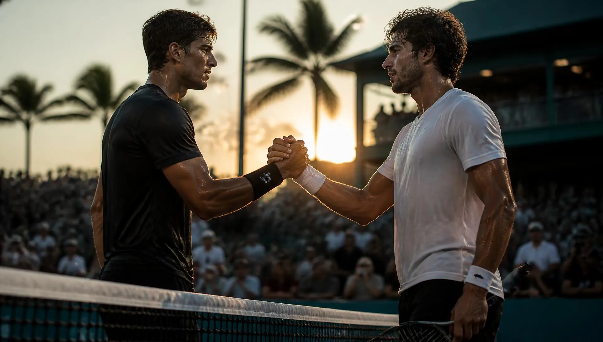 Two tennis players shaking hands at the net after a match
