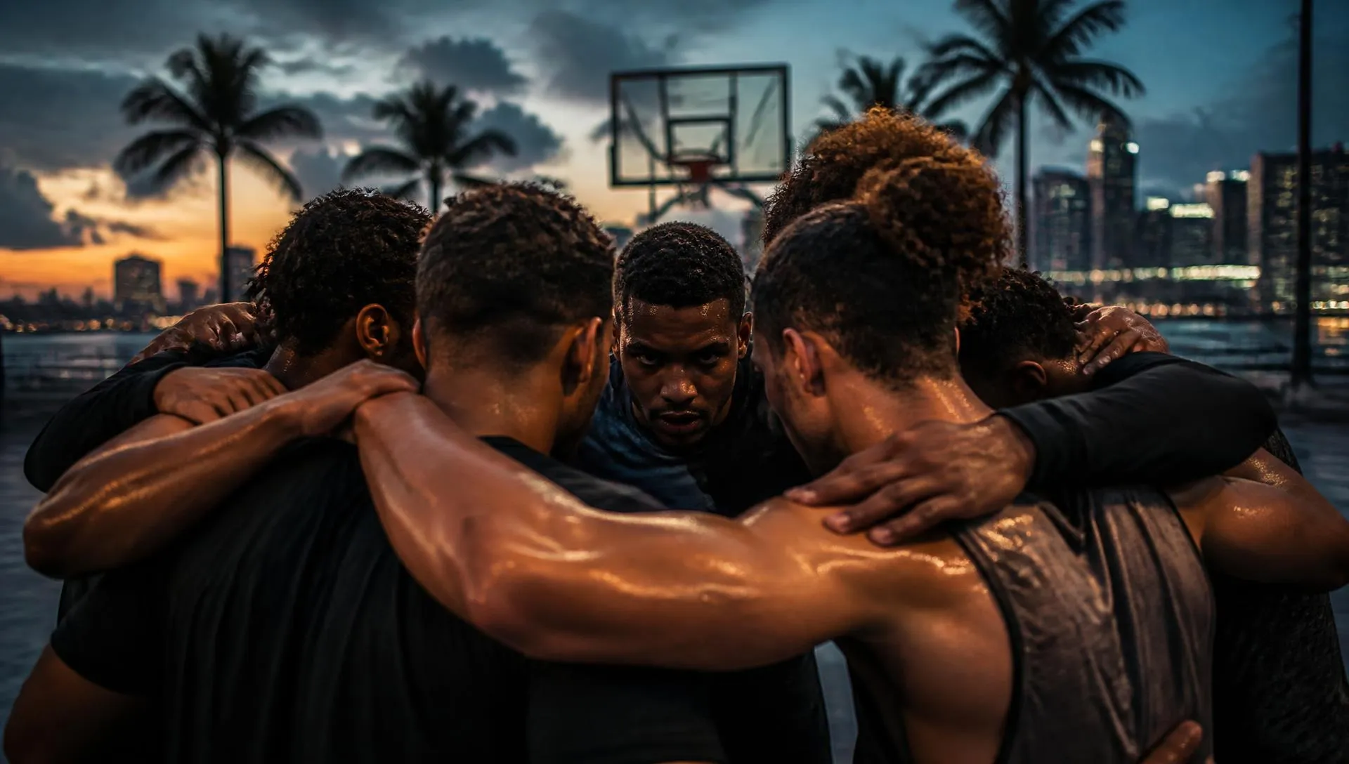 Athletes locked in a team huddle at dusk in Miami