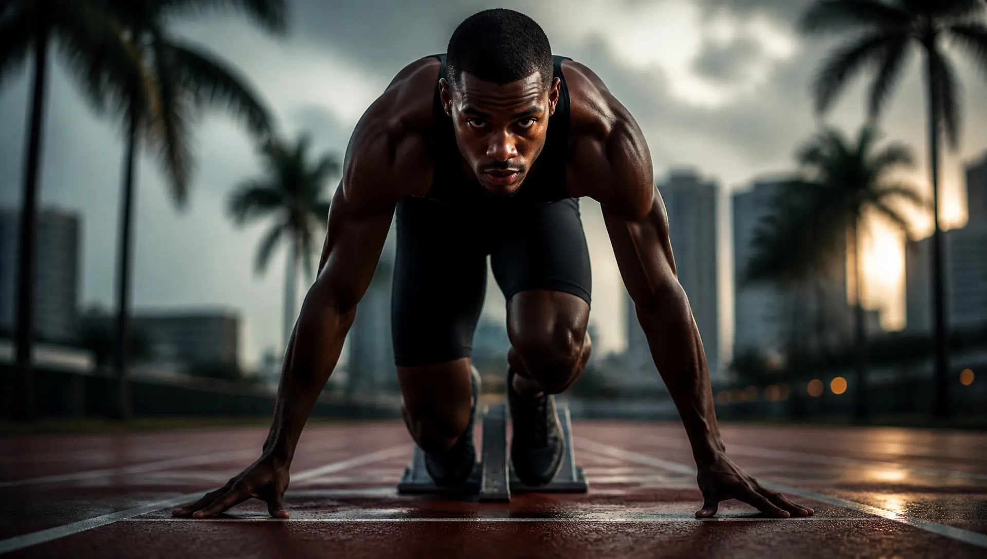 Sprinter set in the starting blocks on a Miami track