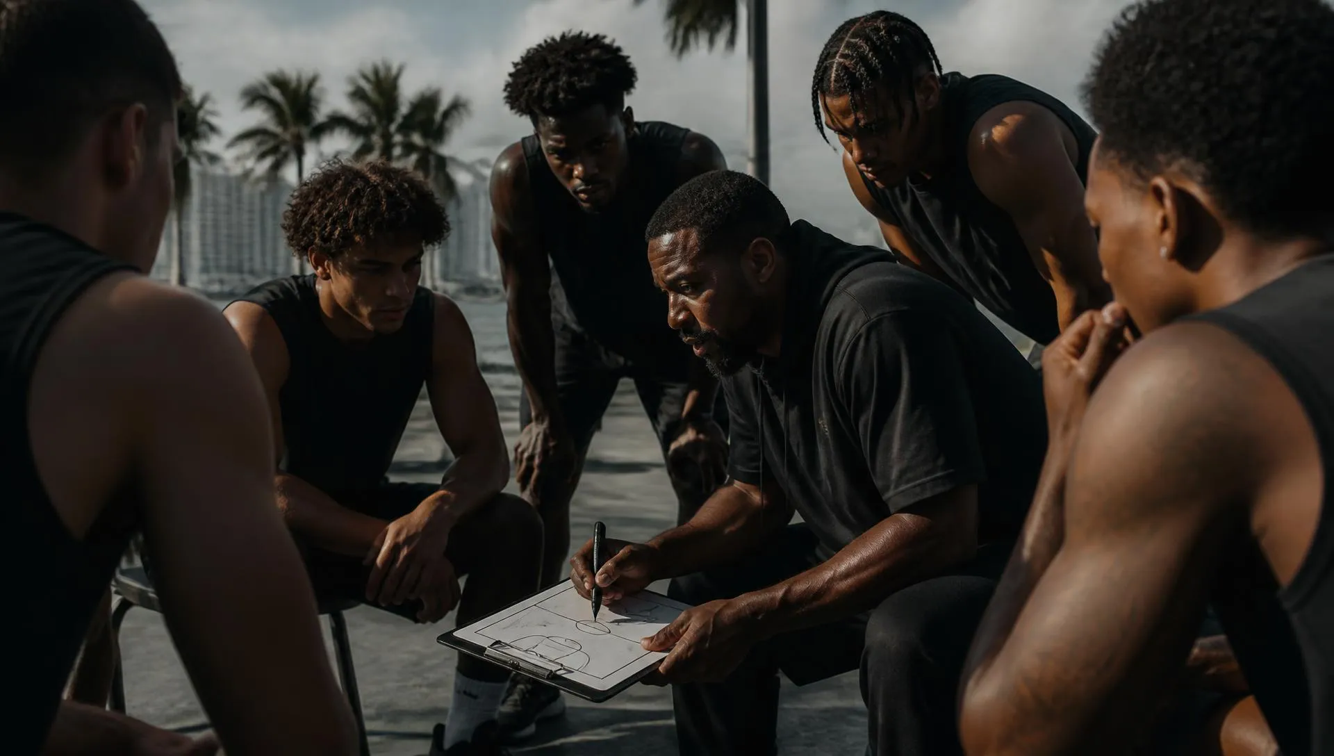Coach drawing up a play with athletes on a Miami court