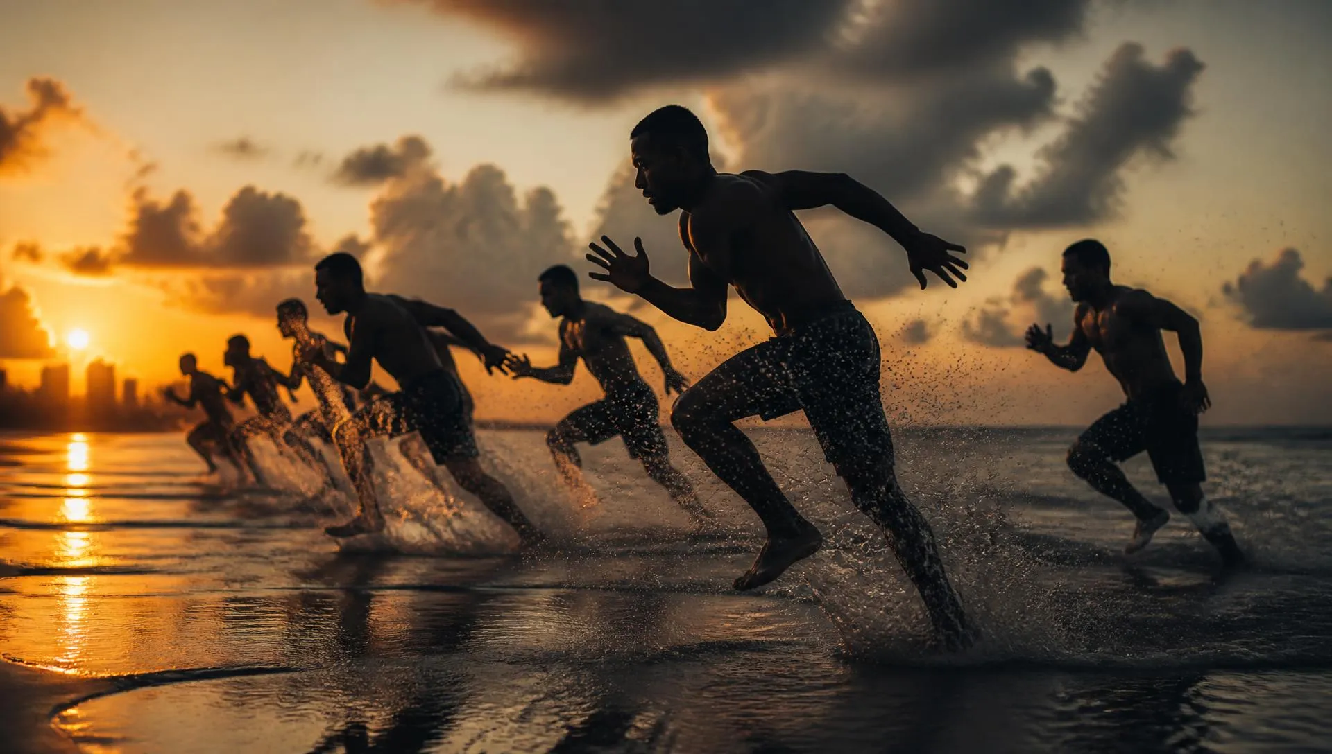 Athletes running sprint drills through the surf at sunrise